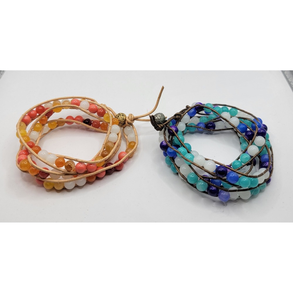 Boho Leather Wrap Bracelet Set Beaded Multi Strand Blue Orange 2pc Bundle
